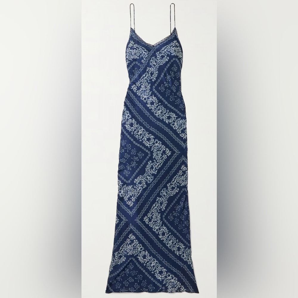LOVE SHACK FANCY NAVY ‘DEYO’ BANDANA Dress Silk Habotai size Large NWOT